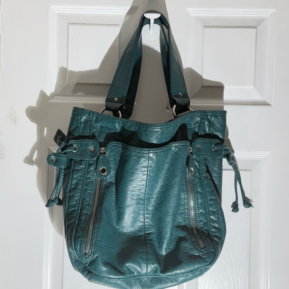 BUENO Green Shoulder HandBag Purse Multiple Pockets Zipper Magnet PU Leather